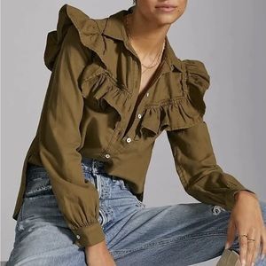 Pilcro Olive Green 100% Cotton Ruffle Button Up Shirt size M